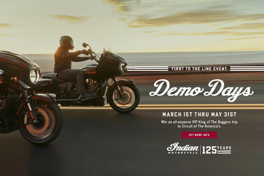 Indian Motorcycle Demo Days and sweepstakes event in The Woodlands TX March through May featuring demo rides and VIP trip giveaway