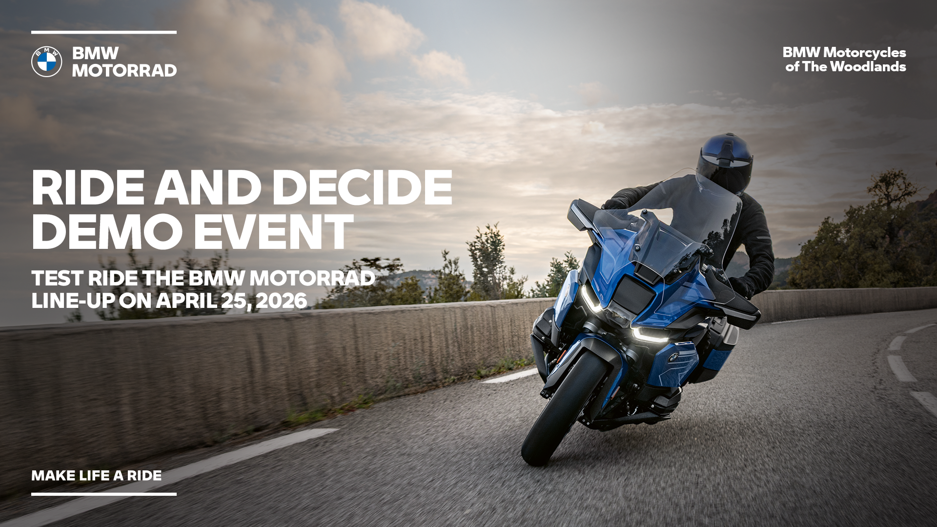 BMW Motorrad Ride and Decide demo event in The Woodlands TX on April 25, 2026 featuring test rides on the new BMW motorcycle lineup