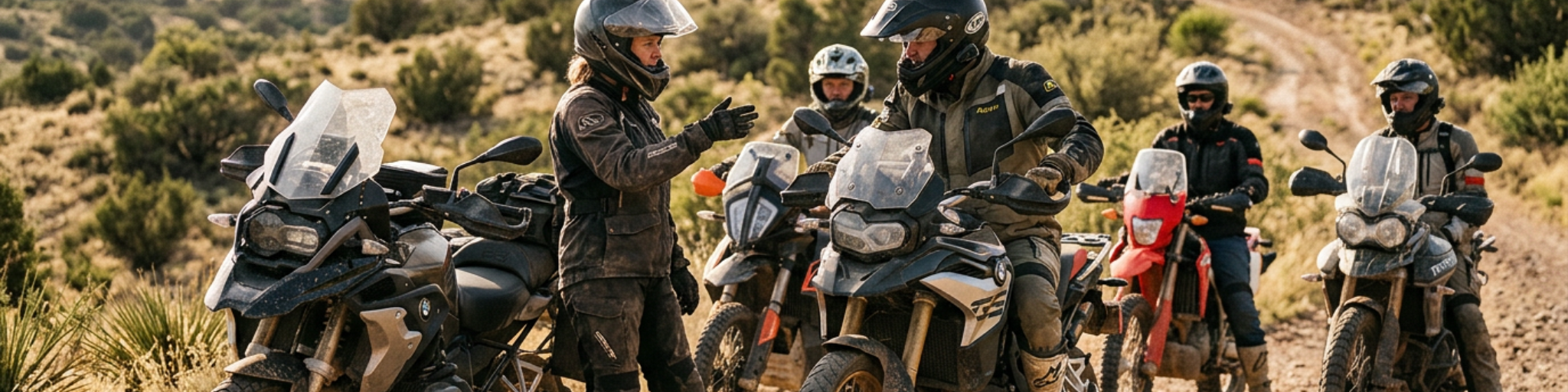 A group of adventure motorcycle riders on mud-splattered BMW GS bikes stopped on a dirt trail in open scrubland terrain, with a woman rider in the foreground gesturing as the group discusses the route ahead.
