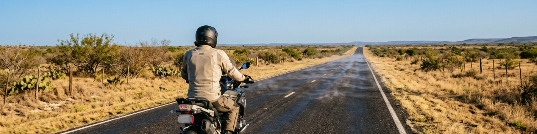 Motorcycle rider in a light mesh jacket and full helmet riding on a shimmering Texas two-lane highway in extreme summer heat, with heat waves rising from the black asphalt and a clear blue sky overhead.