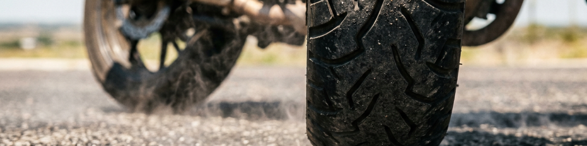 Close-up of a motorcycle tire on sun-baked Texas asphalt with heat shimmer rising from the road surface in extreme summer conditions, illustrating the stress heat places on motorcycle tires in July.