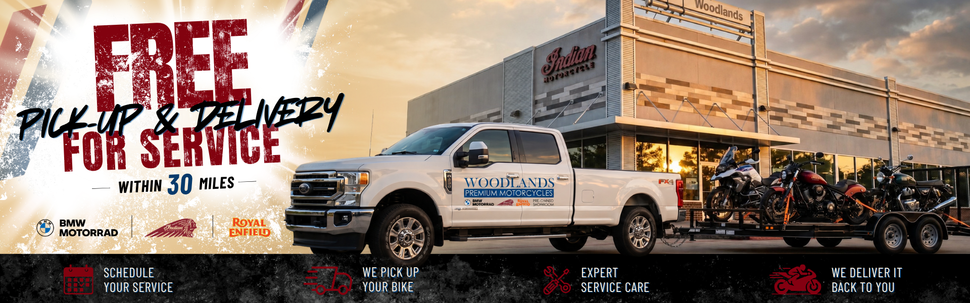 AI generated image of Woodlands Premium Motorcycles truck towing a trailer of BMW, Indian and Royal Enfield motorcycles, free service pick-up and delivery within 30 miles